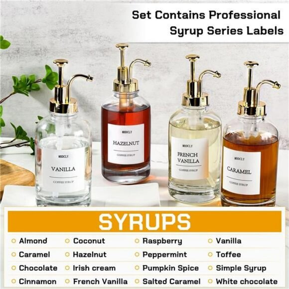 Coffee Syrup Dispenser Set with Pumps Glass Bottles Labels Coffee Bar Decor - Picture 3 of 8